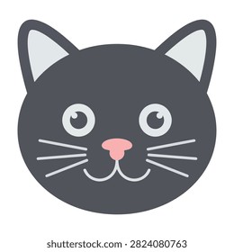 Adorable minimalist black cat head illustration featuring a cute pink nose, wide eyes, and white whiskers. Perfect for baby themes, pet products.