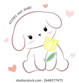 Adorable minimalist vector illustration of a kawaii puppy holding a yellow flower, surrounded by pastel hearts. Perfect for designs, greeting cards, nursery decor, and cute merchandise.