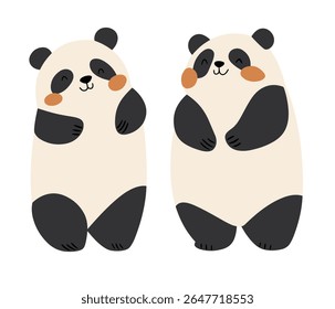 Adorable minimalist vector illustration of two happy pandas with rosy cheeks and rounded forms in a soft black-and-cream palette. Perfect for nursery decor, children’s books, greeting cards.