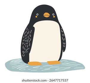 Adorável vetor minimalista de um pinguim em pé no gelo turquesa, com uma asa manchada, bico laranja e pés em tons de creme e marinha silenciada. Ideal para decoração infantil, cartões de férias, web.