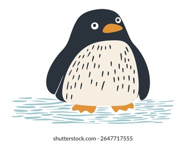 Adorable minimalist vector of a penguin standing on icy water, featuring a navy-and-cream body with orange beak and feet. Evokes playful winter charm for children’s decor, holiday cards, web.