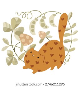 Adorable minimalistic vector illustration of a ginger cat with hearts leaning, surrounded by plants. Garden berries and pea shoots fill the background. Delicate orange-green color palette, clean lines, flat style. Perfect for stickers, children's prints, greeting cards, t-shirt designs, social media graphics, and whimsical decor. 100% hand-drawn vector, scalable, print-ready