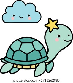 Adorable mint green sea turtle with a yellow star and happy blue cloud. Cute kawaii animal vector illustration for kids stickers, nursery decor, and nursery school branding.
