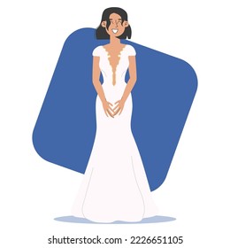 Adorable model girl in wedding dress posing. Vector illustration in flat style