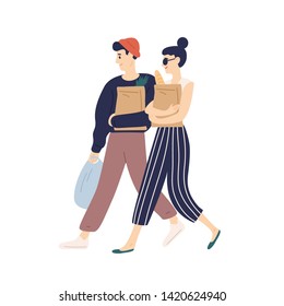 Adorable modern young couple carrying bags with purchases. Happy funny boy and girl doing grocery shopping. Everyday routine of cute romantic partners. Flat cartoon colorful vector illustration.