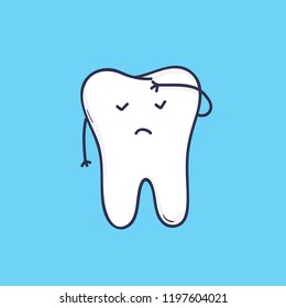 Adorable molar tooth with face covering its forehead with hand. Cute mascot or symbol for dental clinic or oral care center. Cartoon character isolated on blue background. Colored vector illustration.