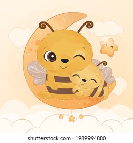 Adorable mom and baby bee in watercolor illustration