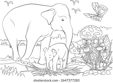 Adorable Mom and Baby Elephant in Nature, Black and White Line Art for Coloring Book, Featuring Jungle Animals, Butterfly, and Flowers. Perfect for Kids and Creative Projects.