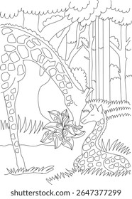 Adorable Mom and Baby Giraffes Sharing a Tender Moment in the Jungle - Beautiful Line Art for Kids and Adults to Color, Promoting Love and Nature Appreciation.