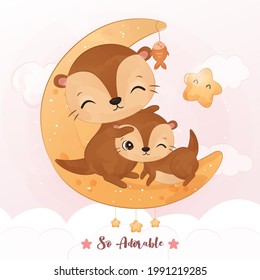 Adorable mom and baby otter in watercolor illustration