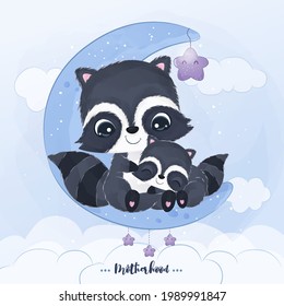 Adorable mom and baby raccoon in watercolor illustration