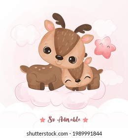 Adorable mom and baby reindeer in watercolor illustration