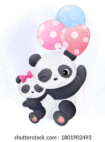 Adorable mommy panda holding baby panda and flying with balloons