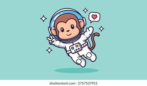 An adorable monkey astronaut floats in space, making a peace sign, with a heart bubble indicating love and happiness.