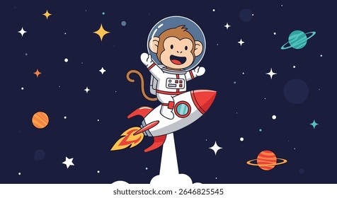Adorable monkey astronaut riding a rocket through the cosmos exploring planets and stars in a fun cartoon style
