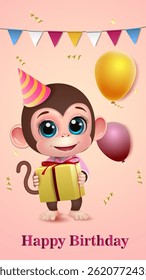 Mono adorable con un regalo en sus manos. Plantilla de diseño de tarjeta *Feliz cumpleaños"
