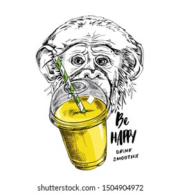 Adorable Monkey with a Plastic Cup Mockup of Smoothie. Humor card, t-shirt composition, hand drawn style print. Vector illustration.