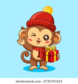 Adorable Monkey in Winter Attire Holding a Present Vector Illustration Cartoon Design