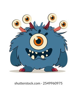 Adorable monster concept. Blue fluffy devil and demon with many eyes. Halloween beast. Holiday of fear and horror. Social media sticker. Flat vector illustration isolated on white background