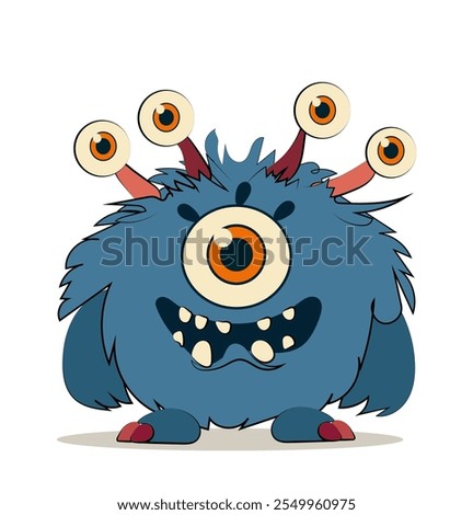 Adorable monster concept. Blue fluffy devil and demon with many eyes. Halloween beast. Holiday of fear and horror. Social media sticker. Flat vector illustration isolated on white background