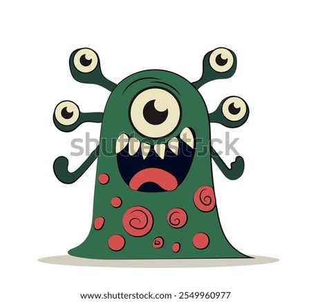 Adorable monster concept. Green devil and demon with many eyes. Halloween beast. Holiday of fear and horror. Template and layout. Flat vector illustration isolated on white background