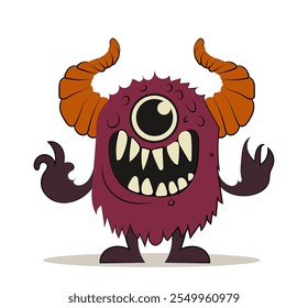 Adorable monster concept. Red devil and demon with horns. Halloween beast. Holiday of fear and horror. Poster or banner. Flat vector illustration isolated on white background