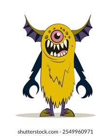 Adorable monster concept. Yellow fluffy devil and demon. Halloween beast. Holiday of fear and horror. Imagination and fantasy. Flat vector illustration isolated on white background