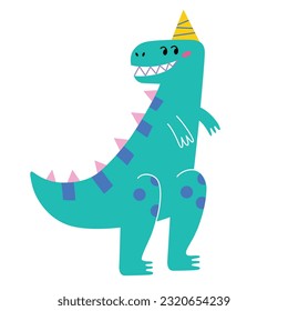 Adorable monster dinosaur icon, vector illustration of tyrannosaurus in birthday hat, t-rex at kids party, smiling raptor congratulations, childish postcard for baby shower, dino happy birthday