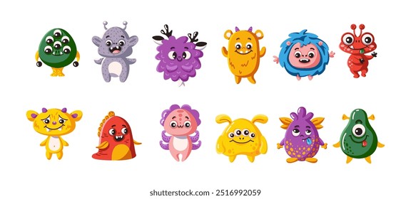 Adorable monsters characters flat color vector icon set