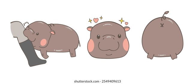 Adorável Moo-Deng Pygmy Hippo, Thai Animal Vetor, Desenho Animado em diferentes poses: mordendo pernas, sorrindo, mostrando a bunda.