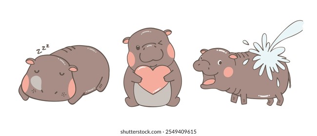 Adorável Moo-Deng Pygmy Hippo, Thai Animal Vetor, ilustração de desenhos animados em poses diferentes, dormindo, abraçando o coração, salpicado com água