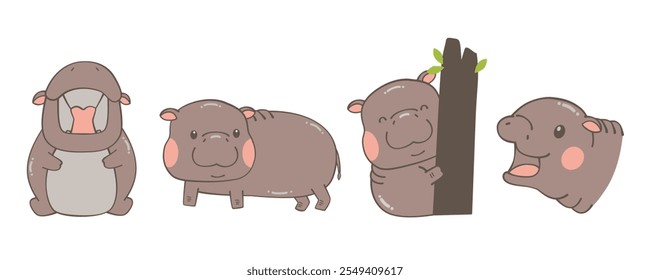 Adorable Moo-Deng Pygmy Hippo, Thai Animal Vector, Cartoon Illustration in different poses: yawning, standing side view, leaning on a tree, close-up head sideview.