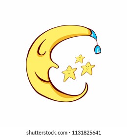 Adorable moon with sleep hat and cute stars. Sky drawn icon design. Vector illustration in flat design.