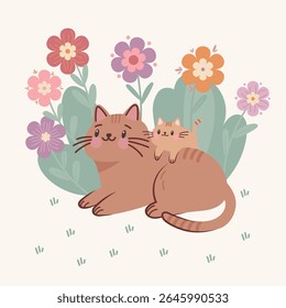 Adorável mãe gato e gatinho sentados juntos em um campo de flores pastel. Ilustração animal bonito e quente perfeito para crianças, impressões de berçário, cartões postais e muito mais.