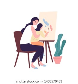 Adorable Mother And Daughter Painting Or Drawing. Cute Funny Mom And Child Performing Recreational Art Activity. Parent And Kid Having Fun Together. Flat Cartoon Colorful Vector Illustration.