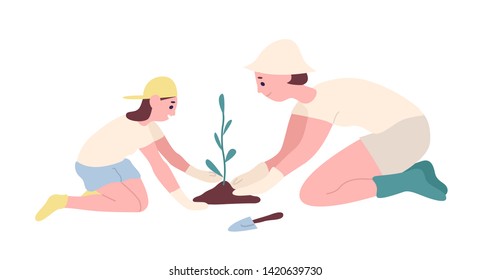 Adorable Mother And Daughter Planting Seedling Or Tree In Garden. Happy Smiling Mom And Child Cultivating Plant Outdoors. Family Recreational Activity. Flat Cartoon Colorful Vector Illustration.