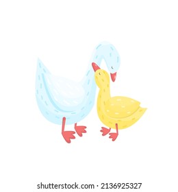 Adorable mother goose and gosling vector illustration. Cute farm birds illustration.