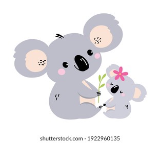 Adorable Mother Koala and her Baby, Lovely Animals Cartoon Character Vector Illustration