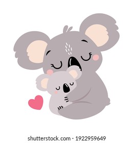 Adorable Mother Koala Hugging her Baby, Lovely Australian Animal Cartoon Character Vector Illustration
