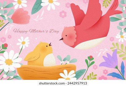 Adorable Mothers Day card with mama bird and her baby surrounded by blossoming flowers.