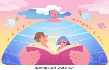 Adorable Mothers Day card. Mom reading story book to her children on yellow pink gradient background.