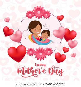 Adorable Mother's Day illustration with a mother and child in a tender embrace, surrounded by floating hearts and floral elements, ideal for social media posts, greeting cards, and digital art.