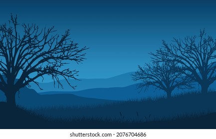 Adorable mountains view from the suburb at night with the silhouettes of dry trees around it. Vector illustration of a city