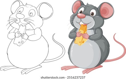 Adorable mouse holding cheese, colored and outlined versions