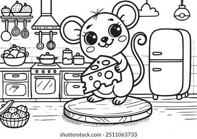 Rato adorável em um ambiente de cozinha, segurando um pedaço de queijo. Perfeito para atividades de coloração, esta ilustração bonito captura o lado divertido e brincalhão das aventuras da cozinha.