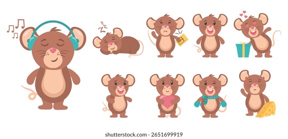 Adorable mouse and rat cartoon animal character flat vector set isolated illustration cheese happy smile little baby wildlife graphic icon design pet fun toy mammal cattle drawing tail comic


