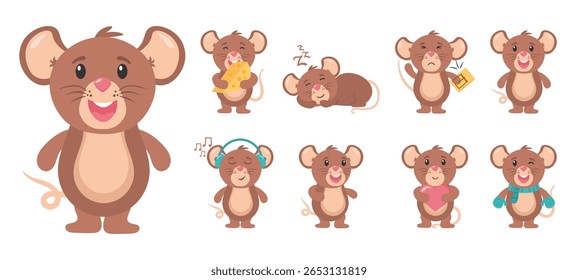 Adorable mouse and rat cartoon animal character flat vector set isolated illustration cheese happy smile little baby wildlife graphic icon design pet fun toy mammal cattle drawing tail comic

