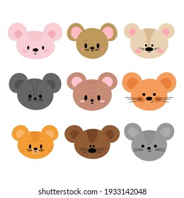 Adorable mouses. Set of cute cartoon animals portraits. Fits for designing baby clothes. Hand drawn smiling characters. Happy animal. Vector illustration