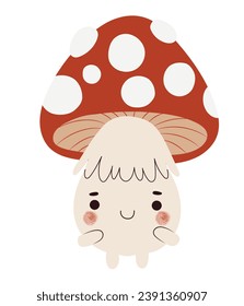 Adorable mushroom creature with hands and feet smiling and blushing, hand drawn isolated vector illustration