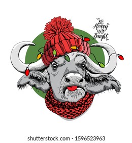 Adorable Muskox Cow in a red knitted hat and scarf with a light. Be merry and bright - lettering quote. Christmas and New year card, Humor composition, hand drawn style print. Vector illustration.